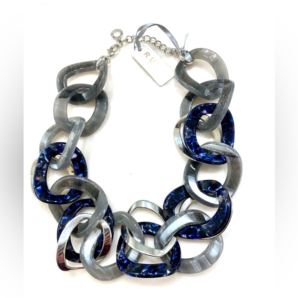 RU Bold Resin & Metal Link Necklace in Gray and Blue
